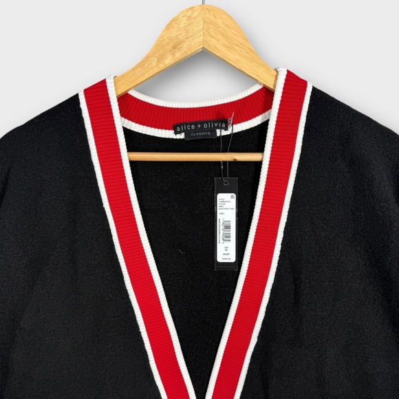 Alice + Olivia Women's Juana Tipped Stripe Crop‎ Cardigan Black/ Red Size XL NEW - Picture 9 of 14